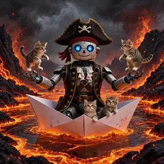 A robot dressed as a pirate sailing a paper boat on a lake o