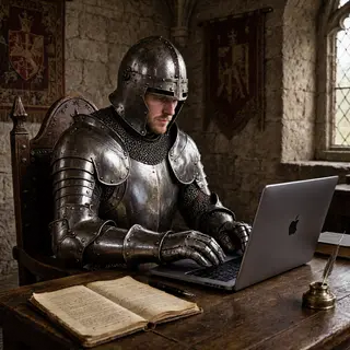 A medieval knight in full armor sitting at a desk typing on 