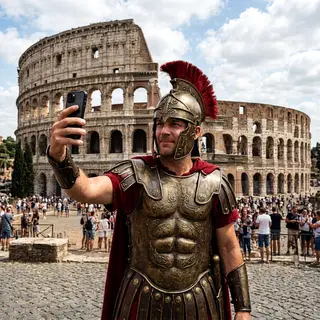 A Roman gladiator taking a selfie with a smartphone in the C