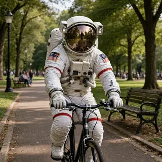 An astronaut in a spacesuit riding a bicycle through a park