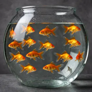Exactly 9 goldfish swimming in a large round fishbowl