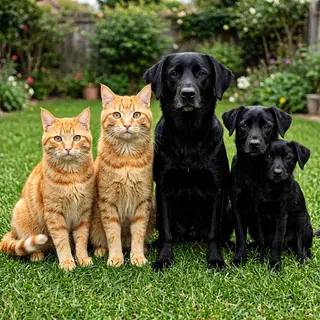 2 orange cats and 3 black dogs sitting together on a grassy 