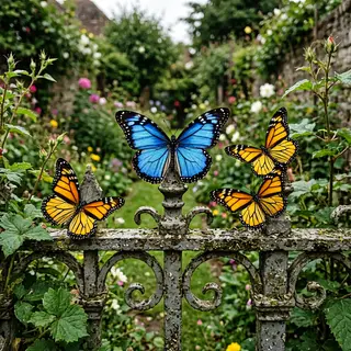1 blue butterfly and 3 yellow butterflies resting on a garde