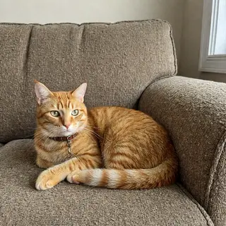 A cat lying on a couch without a collar