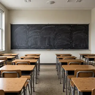 A classroom with desks and a chalkboard but no students