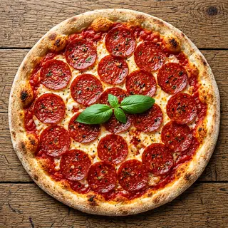 A pepperoni pizza with tomato sauce, basil, and crust but ab