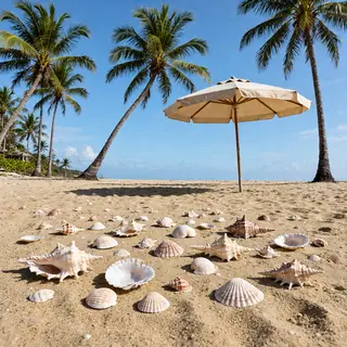 A sandy beach with palm trees, seashells, and a beach umbrel