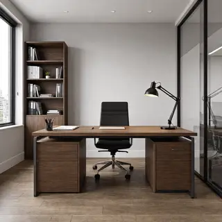 An office workspace with a desk, chair, bookshelf, and lamp 