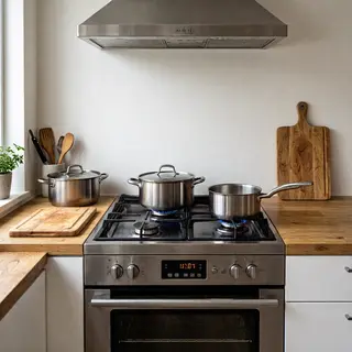 A kitchen with pots, pans, a stove, and a cutting board but 