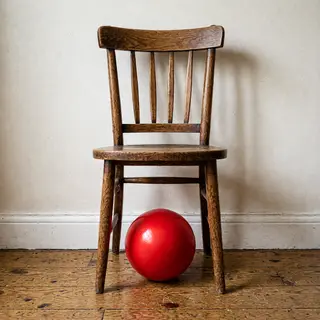 A red ball underneath a wooden chair