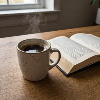 A coffee mug next to an open book on a desk