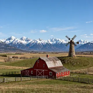 A landscape with a red barn in the foreground at large scale