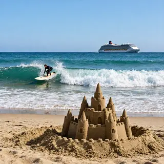 A beach scene with a sandcastle in the foreground, a surfer 
