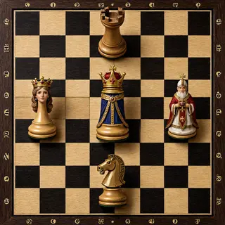 Five chess pieces on a board: a king in the center, a queen 