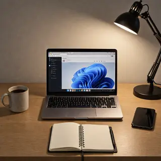A desk scene: laptop in the center, coffee mug to the left, 