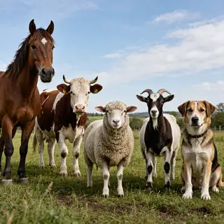 Five animals in a field: a horse on the far left, a cow to t