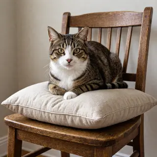A cat sitting on a pillow, the pillow placed on a wooden cha