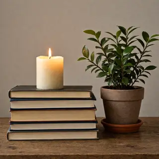 A candle on top of a stack of books, the books next to a pot