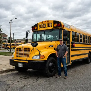 A person standing next to a yellow school bus, showing reali