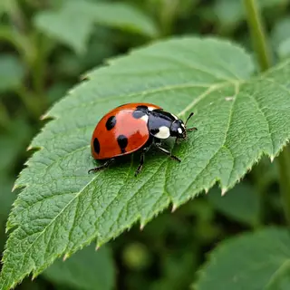 A ladybug sitting on a large green leaf, shown at realistic 