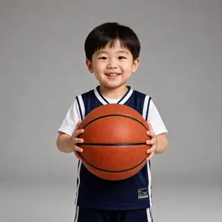A child holding a basketball, both at correct relative sizes