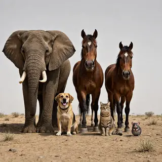 A group photo of an elephant, a horse, a dog, a cat, and a m
