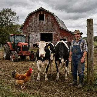 A farm scene with a barn, tractor, farmer, cow, chicken, and