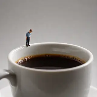 A tiny person standing on the rim of a coffee cup, looking d