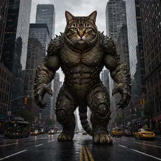 A giant tabby cat walking between city skyscrapers like a ka