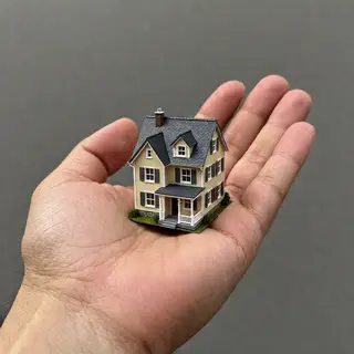 A miniature house sitting on the palm of someone's hand