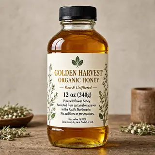 A product label for 'GOLDEN HARVEST ORGANIC HONEY' with subt