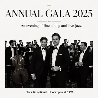 An event banner with headline 'ANNUAL GALA 2025' at the top 