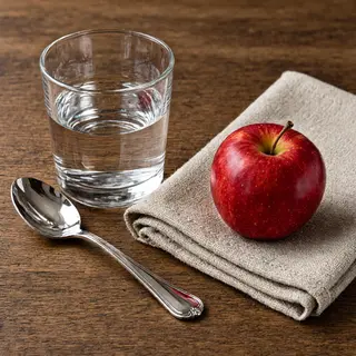 A still life on a wooden table featuring a clear glass of wa