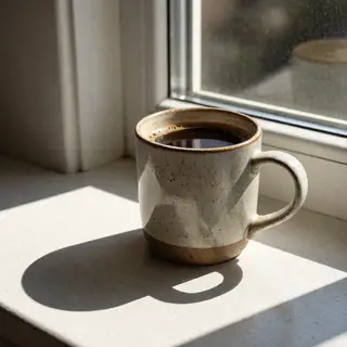 A coffee mug on a sunny windowsill casting a sharp shadow to