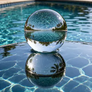 A clear glass sphere sitting on a mirror surface near a pool