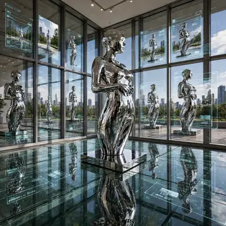 A chrome sculpture in a room with a glass floor and large wi