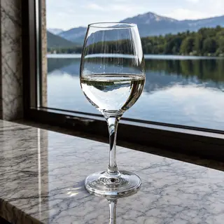 A crystal wine glass on a polished marble counter next to a 