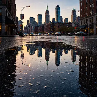 A city skyline reflected in a rain puddle on a street, with 