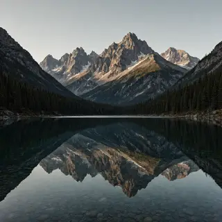 A mountain range reflected in a still alpine lake, with the 