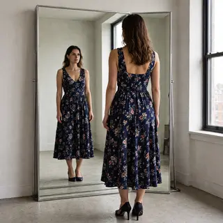 A woman standing in front of a full-length mirror, her refle