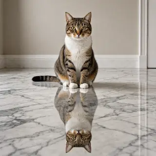 A cat sitting on a polished marble floor with its reflection