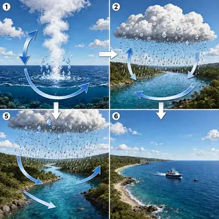 A detailed diagram of the water cycle showing evaporation fr