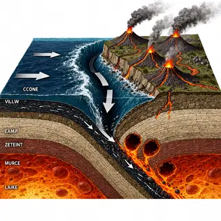 A cross-section showing tectonic plates at a convergent boun