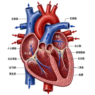 An anatomical illustration of the human heart showing four c