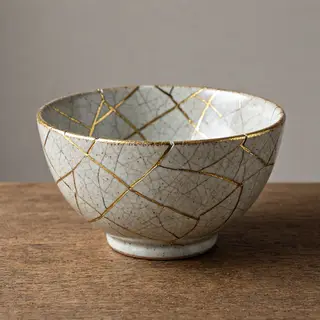 A Japanese kintsugi bowl — cracked ceramic repaired with vis