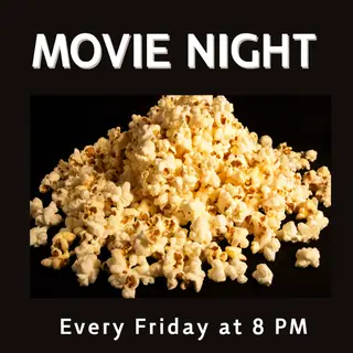 A movie night poster with a large popcorn image in the cente