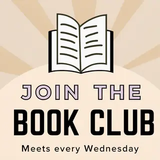 A book club poster with an open book illustration, the title