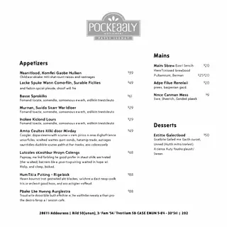 A restaurant menu layout with a logo header, three category 