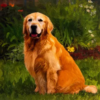 A golden retriever sitting in a garden, painted in the style