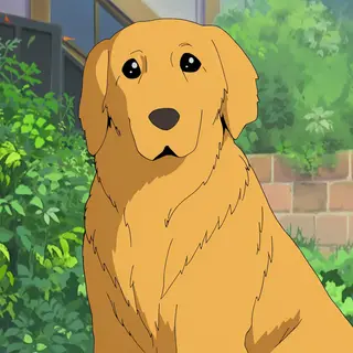 A golden retriever sitting in a garden, rendered in Japanese